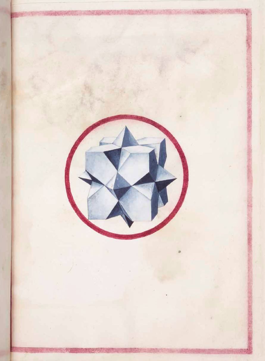 A page with a geometric design in the center. The design consists of a cluster of interconnected triangles, rendered in shades of blue and white, creating a complex, star-like pattern. This cluster is encircled by a thin, red line, forming a circular frame. The background of the page is a creamy, off-white color, with a subtle texture. A thin red border frames the entire page, adding a delicate finishing touch to the composition.