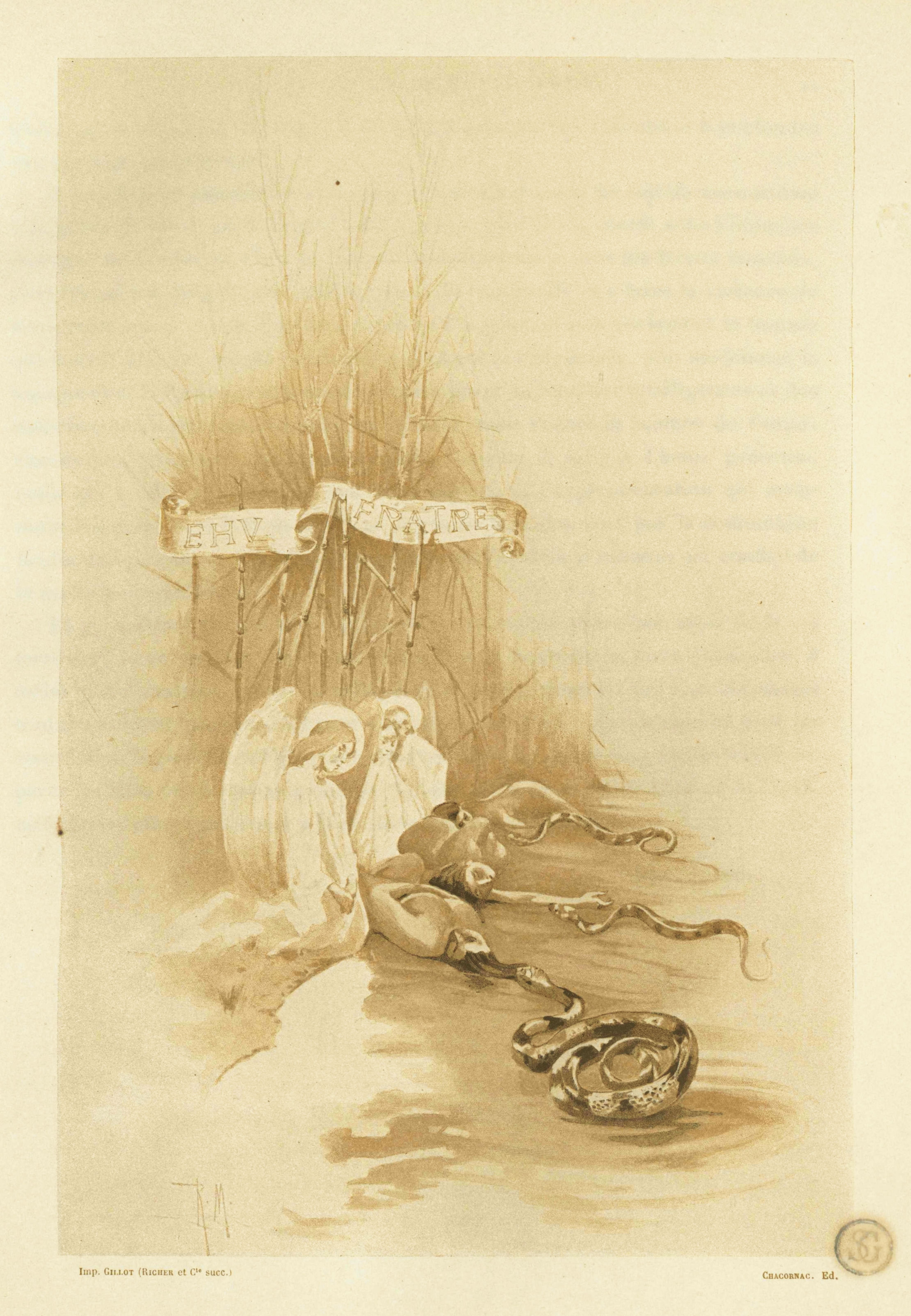 A vintage illustration depicting an angel and a kneeling figure near a tree with a banner, with a large snake coiled around the base.