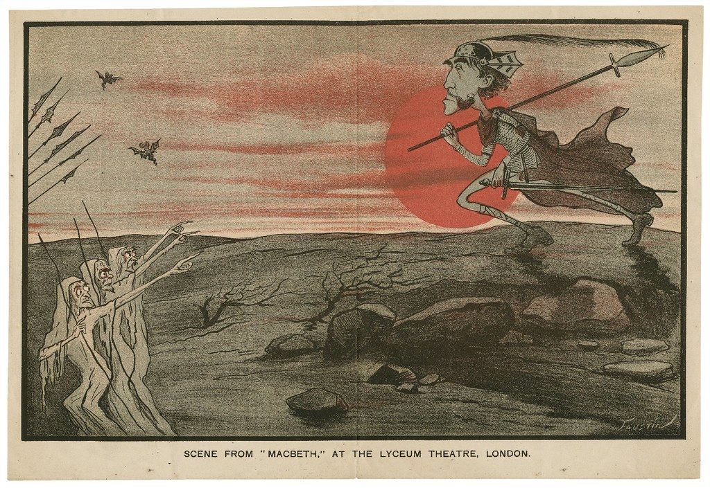 A black and white illustration of a scene from Shakespeare's "Macbeth" at the Lyceum Theatre in London. The scene depicts Macbeth standing on a rocky outcrop, looking down at two grotesque witches emerging from a gnarled tree. The background is a fiery red sky with a large sun or moon and flying spears.
