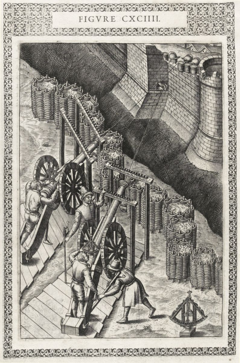 A detailed black and white engraving depicting a complex scene of men operating a large cannon within a fortified setting.