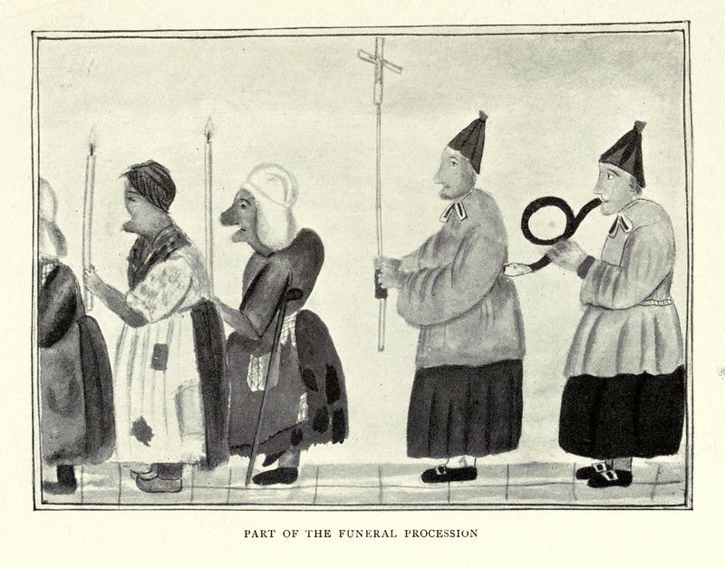 A vintage illustration of a funeral procession with four figures in traditional clothing.