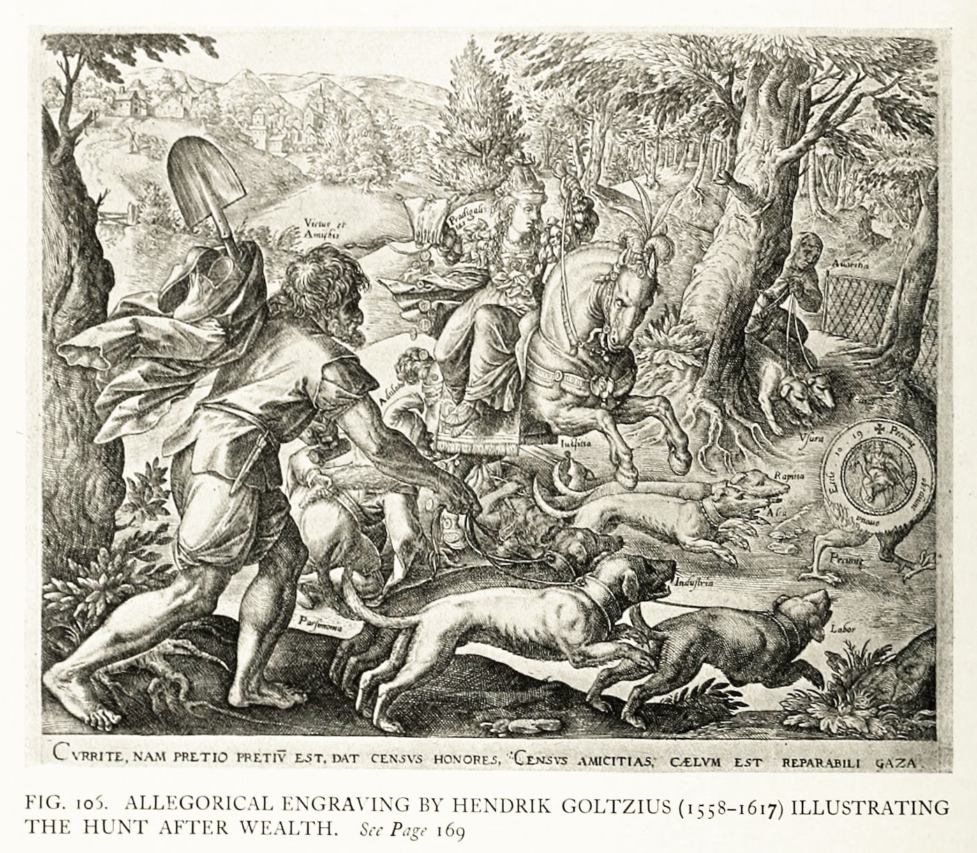 A detailed allegorical engraving by Hendrik Goltzius (1558-1617) illustrating the hunt after wealth.