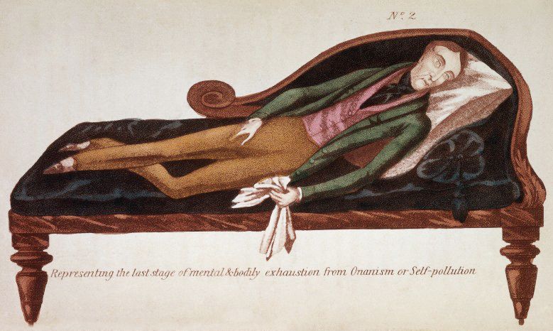 Historical illustration of a person lying on a couch, representing the last stage of exhaustion from masturbation.