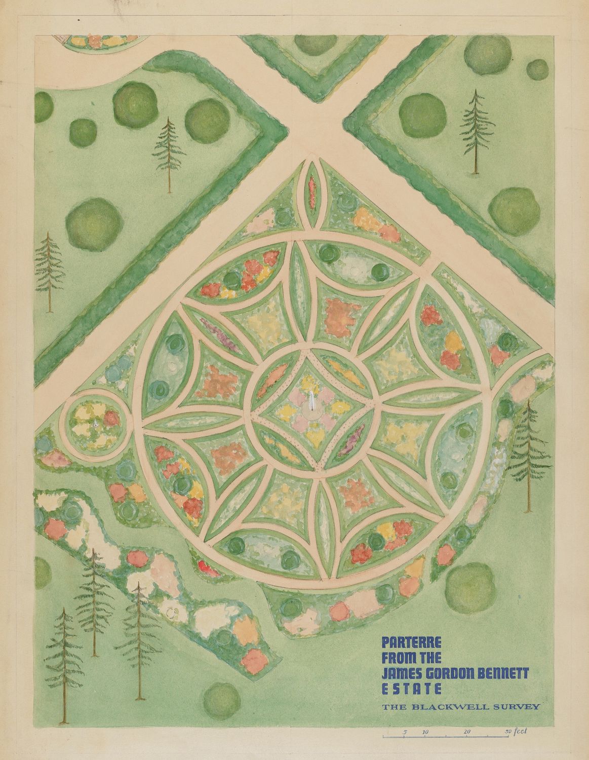 A vintage, hand-colored map of a formal parterre garden from the James Gordon Bennett Estate, featuring a complex geometric pattern of floral beds and evergreen trees.