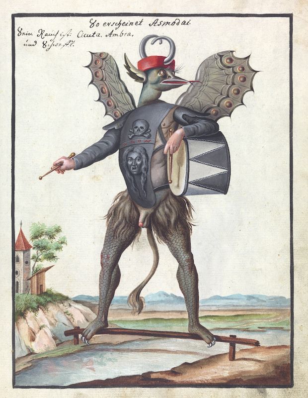 A colorful illustration of a grotesque demon named Asmodai, holding a drum and drumstick, standing near a bridge with a castle in the background.