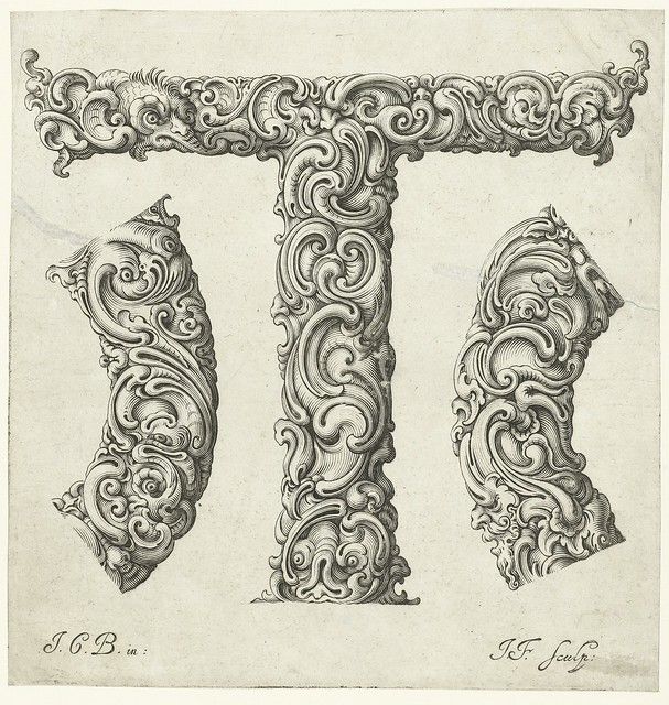 A detailed drawing of the letter 'T' decorated with swirling foliage and floral motifs.