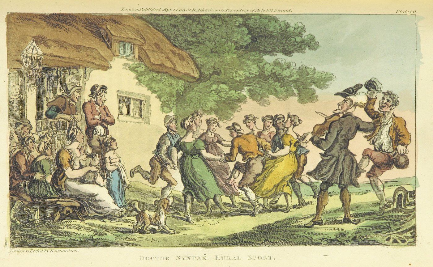 A hand-colored etching titled "Doctor Syntax, Rural Sport." It depicts a lively rural scene with a group of people engaged in various activities.