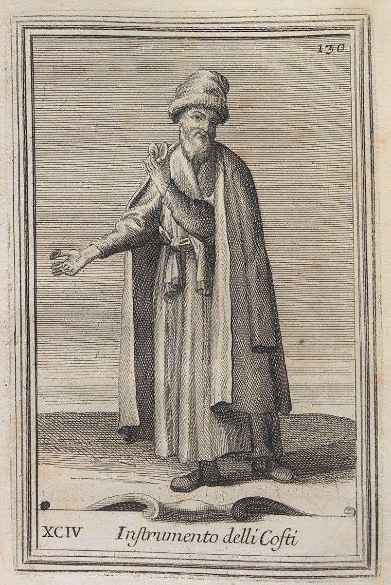 A black and white engraving of a man in traditional attire playing a long, thin instrument.