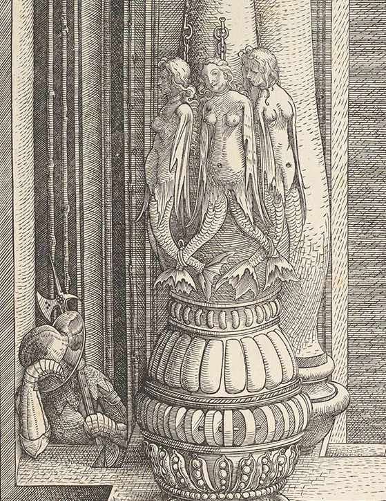 A detailed black and white engraving depicting a classical-style statue atop an ornate urn, with a suit of armor partially visible to the left.