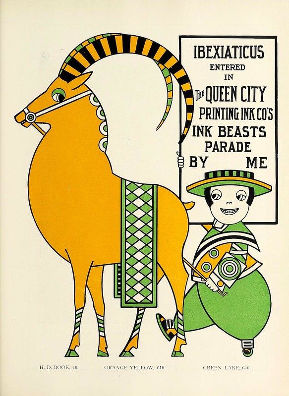 A vintage illustration of a fantastical creature called 'Ibexiaticus' entering a parade. The creature is orange with green and yellow geometric patterns, and a small person in a green uniform rides on its back. Text above reads 'Ibexiaticus Entered in The Queen City Printing Ink Co's Ink Beasts Parade By Me'. Below are color names and numbers.