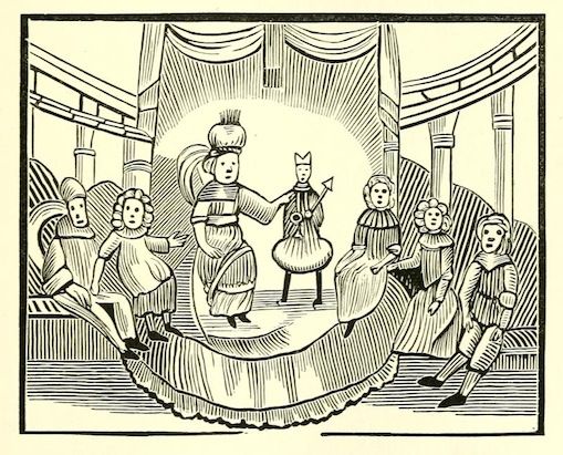 A black and white woodcut-style illustration depicting a theatrical scene with several figures on a stage.