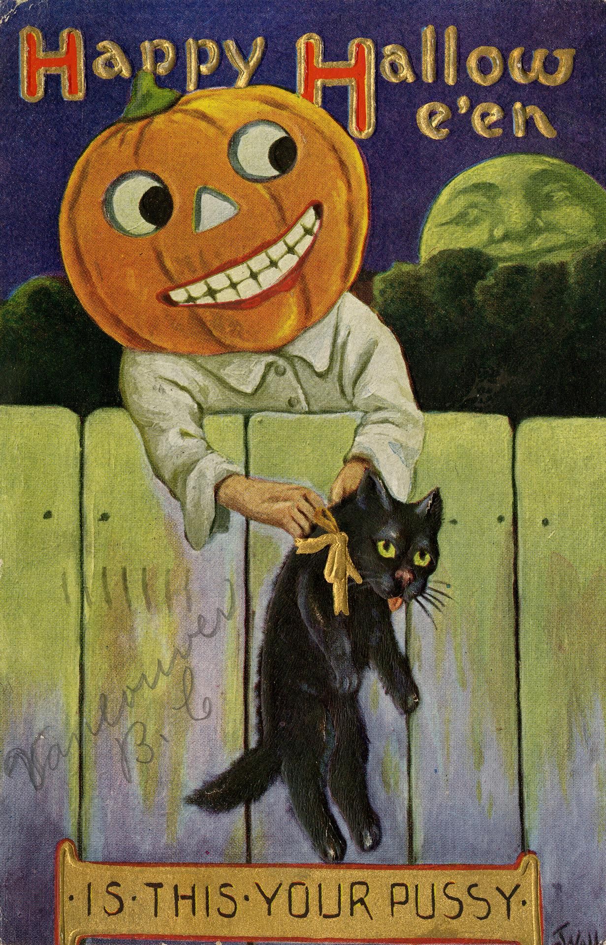 Vintage Halloween postcard with a black cat and a person wearing a pumpkin head.