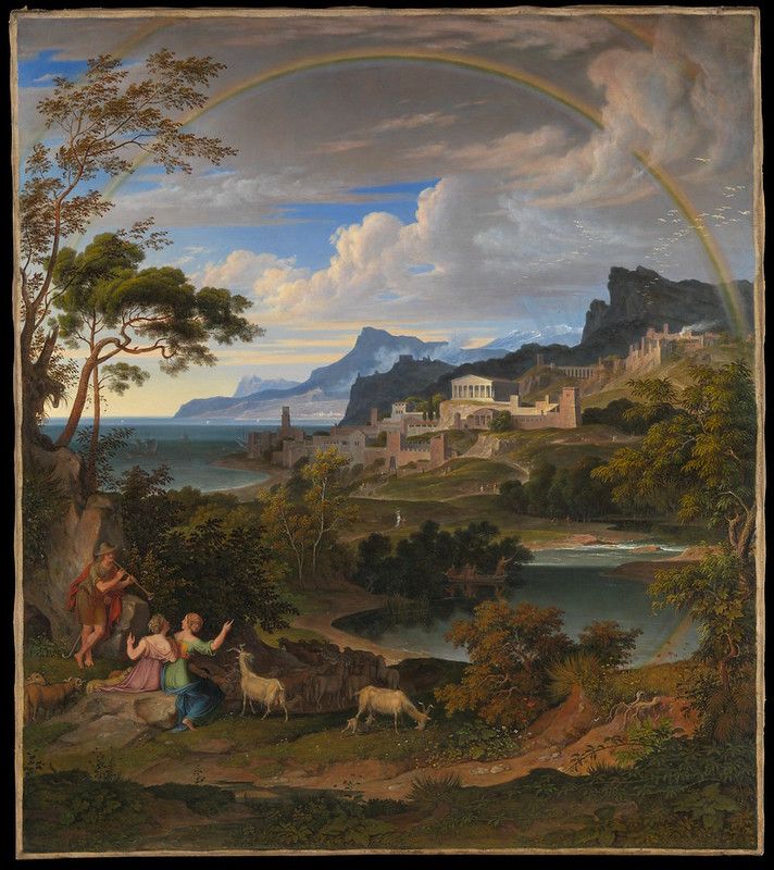A painting of a classical landscape with a rainbow, shepherds, goats, and a detailed city nestled among mountains.