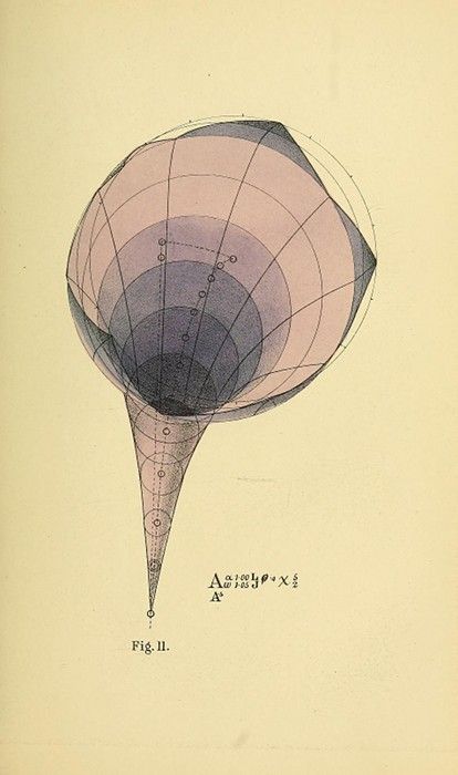 A vintage scientific diagram depicting a complex, three-dimensional shape with a network of lines and shading. Below the diagram is a mathematical formula and the caption 'Fig. II.'