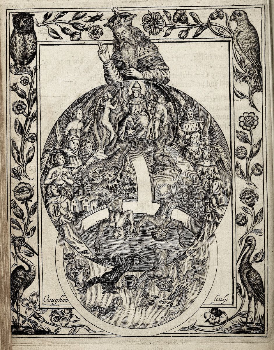 A detailed black and white engraving of a large letter 'I' filled with a complex scene of figures and landscapes, framed by a decorative border of vines and flowers.
