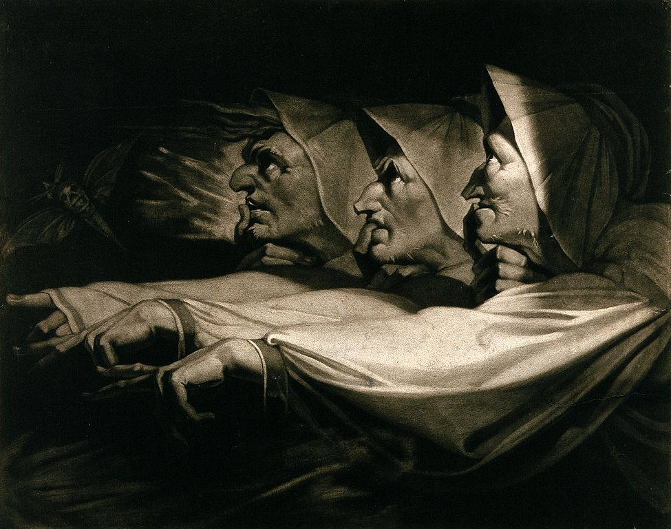 A dramatic black and white lithograph depicting a person lying in bed, surrounded by concerned or grieving faces.