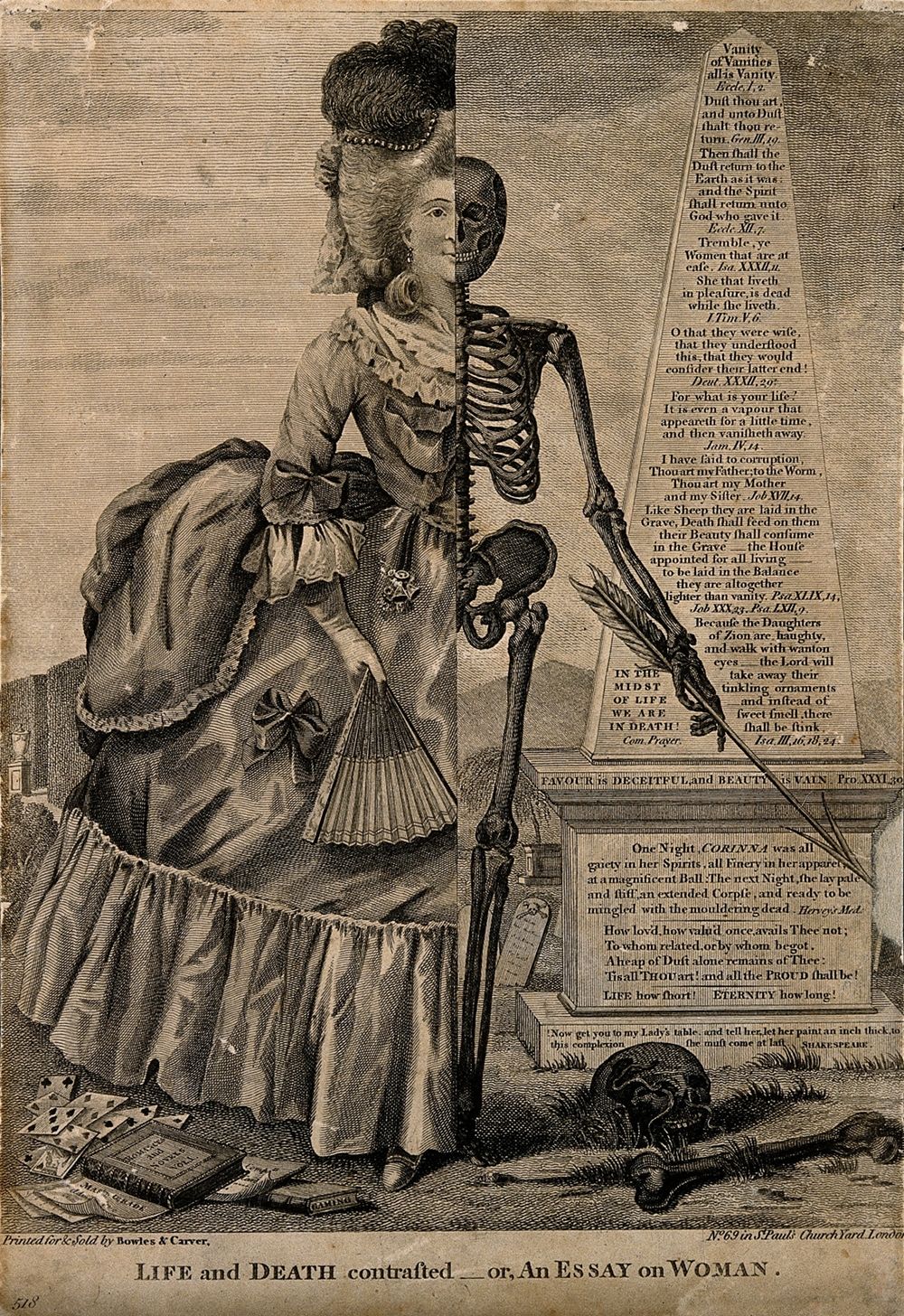 Vintage print titled "LIFE AND DEATH contrasted: or An Essay on WOMAN". It depicts a richly dressed woman on the left and a skeleton on the right, symbolizing the contrast between life and death. The print is covered in dense text and framed by a decorative border.