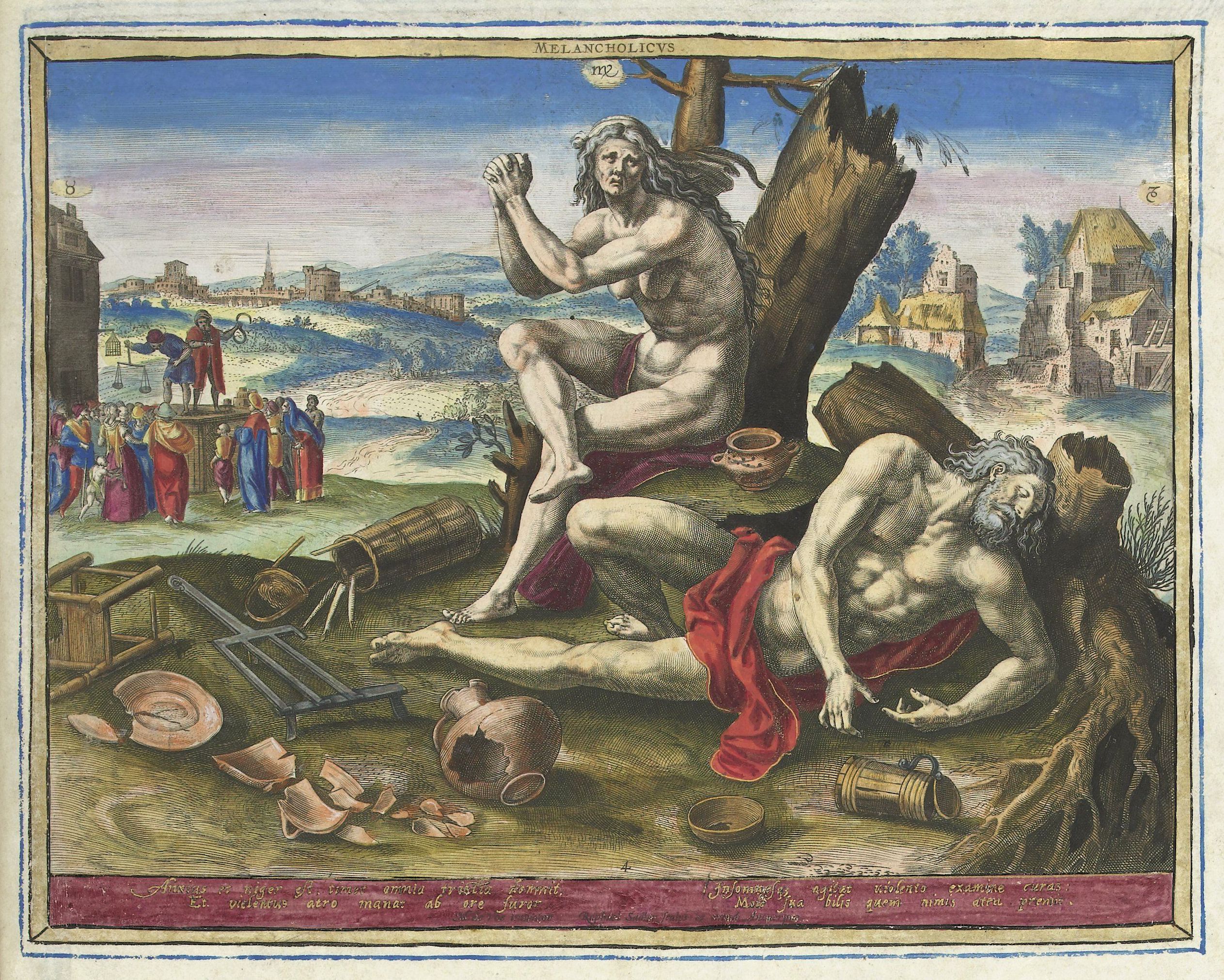 A hand-colored engraving titled 'Melancholicus' depicting a scene of despair and stagnation. A muscular, nude man sits slumped against a wooden post, while another man lies lifeless on the ground. Scattered around them are broken tools and objects, and in the background, a city and a crowd of people are visible.