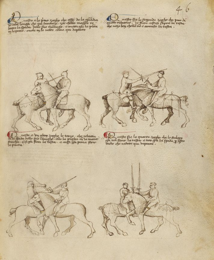 A page from a medieval manuscript with five drawings of knights on horseback engaged in combat, accompanied by handwritten text.
