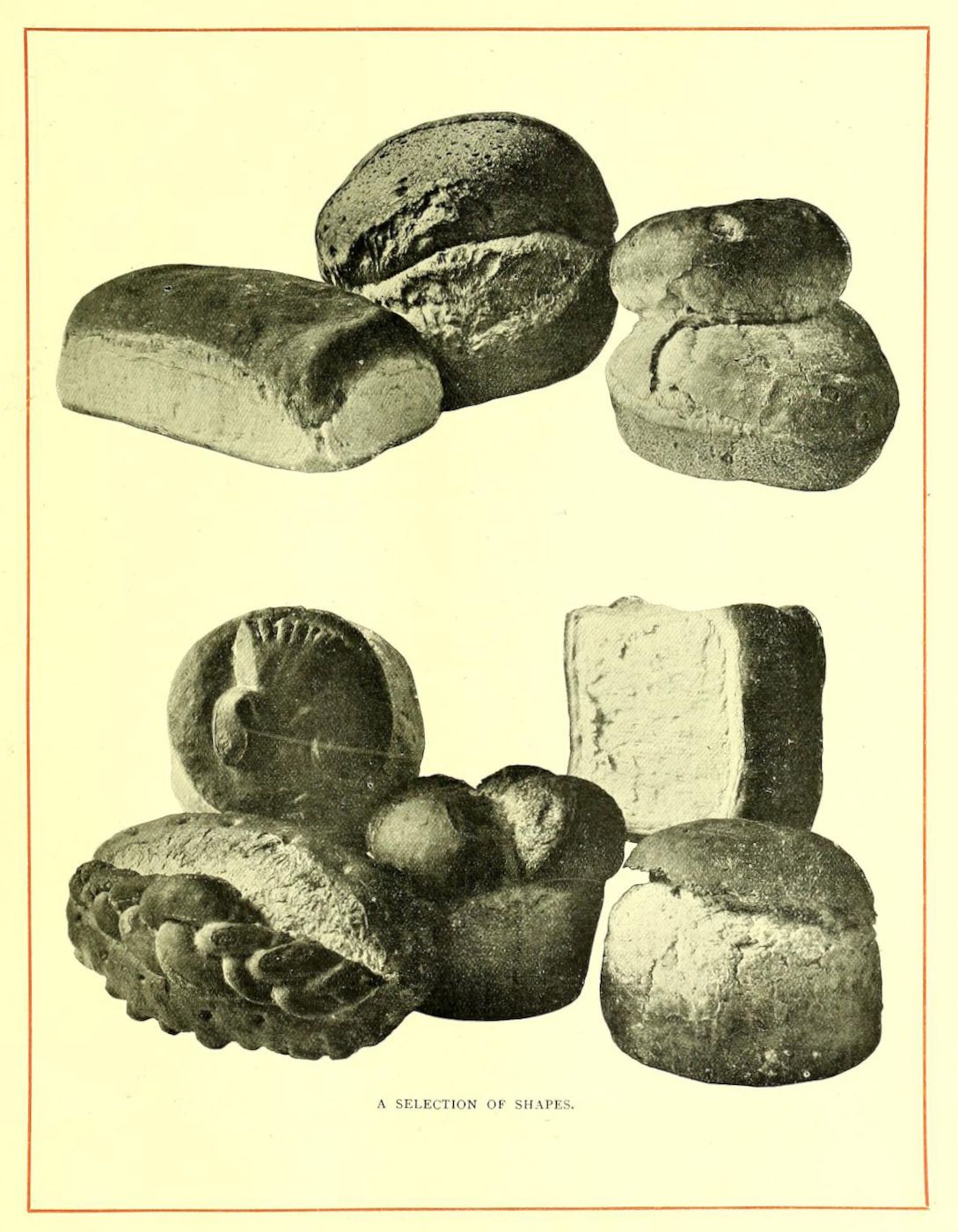 A vintage illustration of six different shaped breads and baked goods, arranged on a pale yellow background with a thin orange border. The text 'A SELECTION OF SHAPES' is printed at the bottom.
