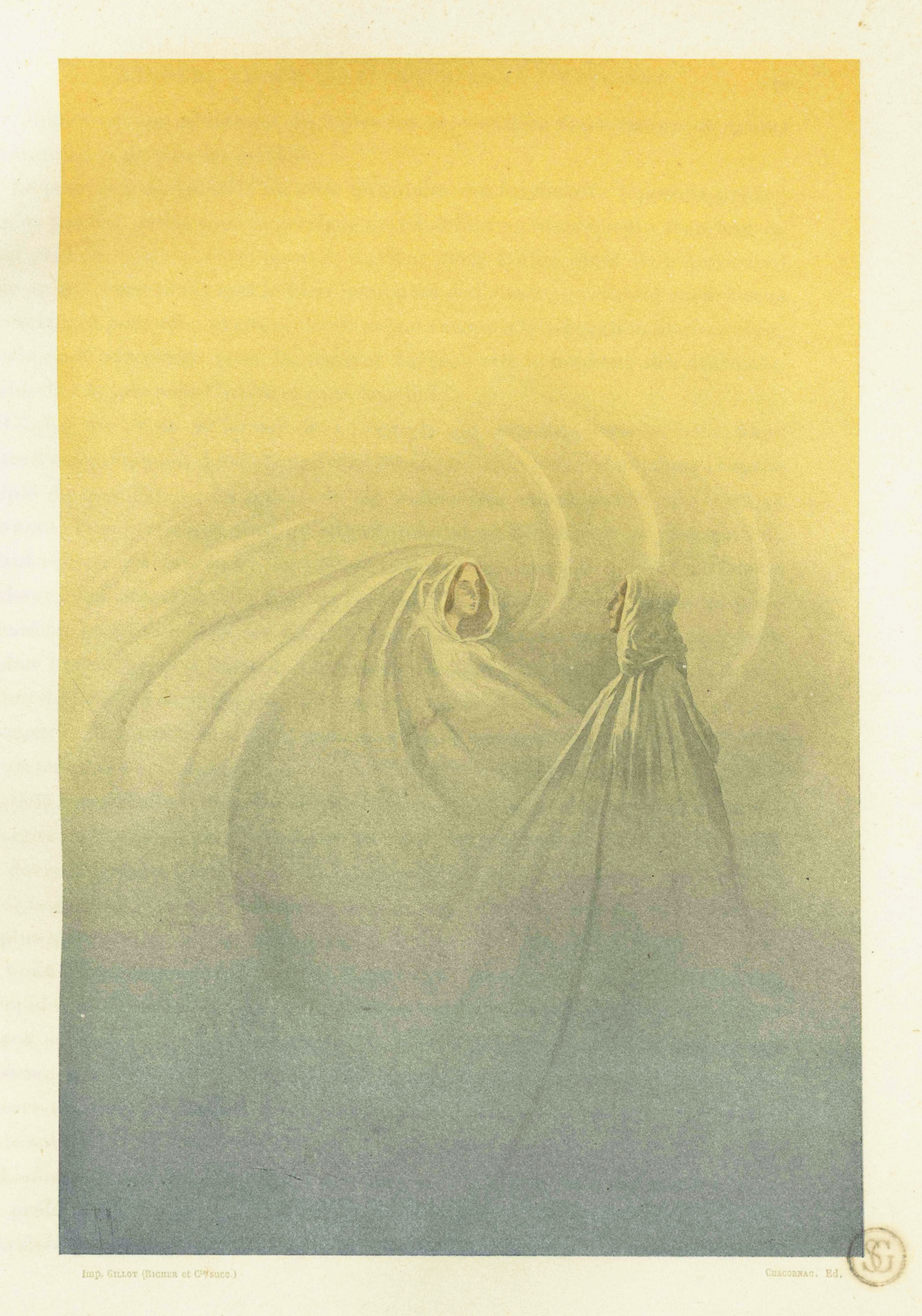 Vintage illustration of two figures draped in flowing fabric, rendered in muted yellows and greens.