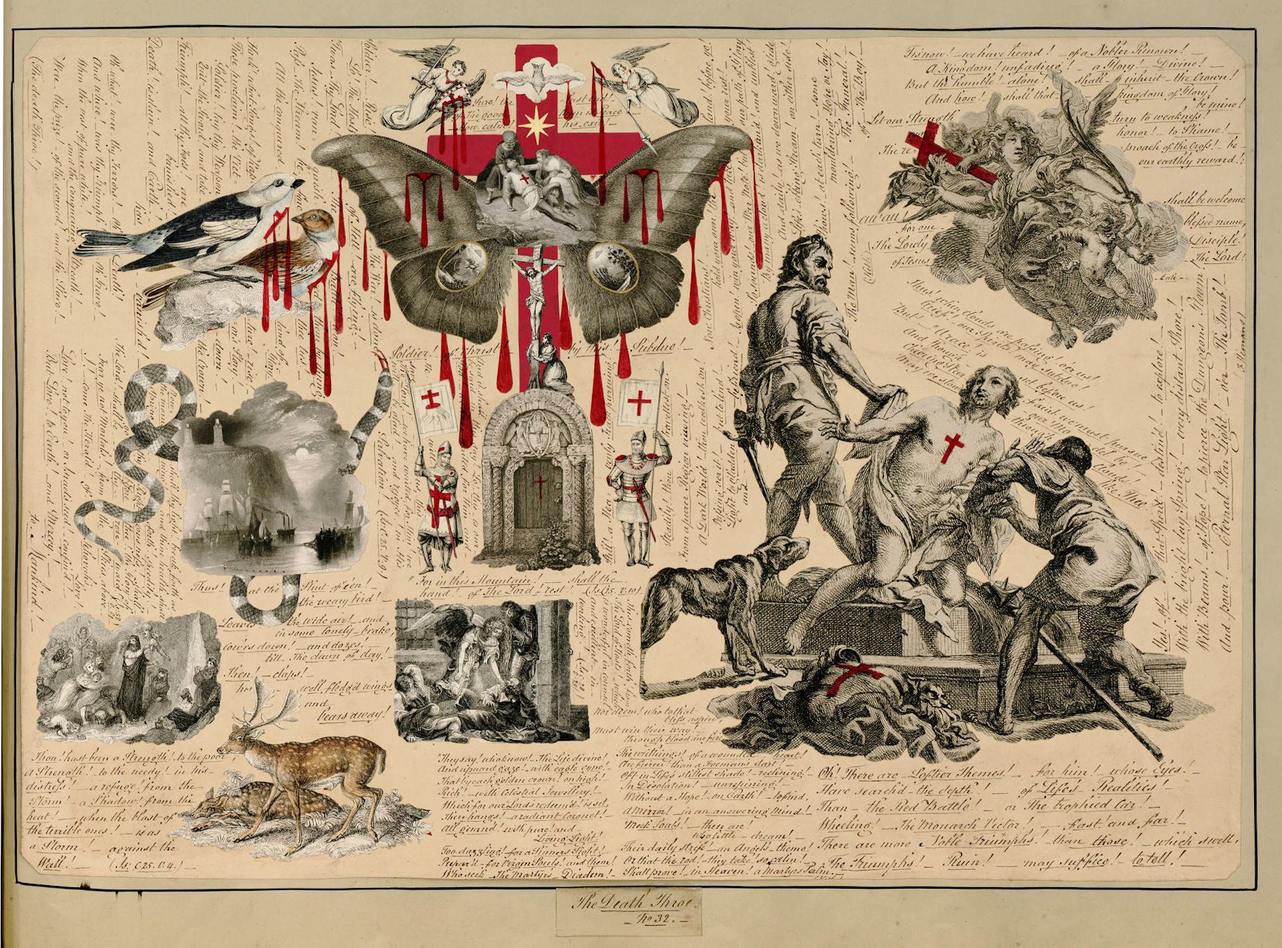 A complex, antique-looking collage or illustration with a dark and dramatic tone. The background is filled with dense, small text, giving it the appearance of an old document or newspaper. Overlaid on this text are numerous illustrations and images, creating a chaotic and unsettling composition.
