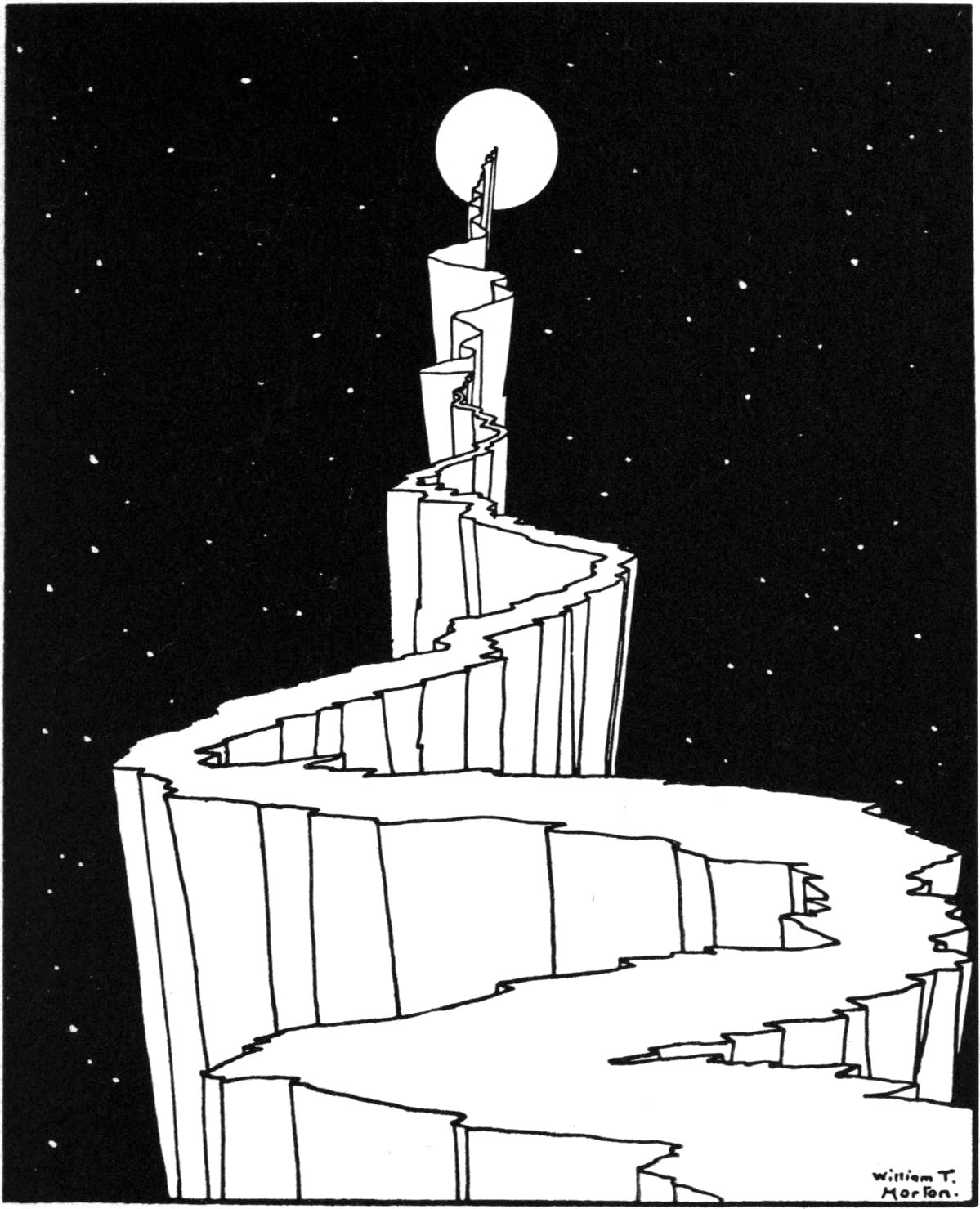 A black and white line drawing of a futuristic building reaching towards a full moon in a starry night sky.