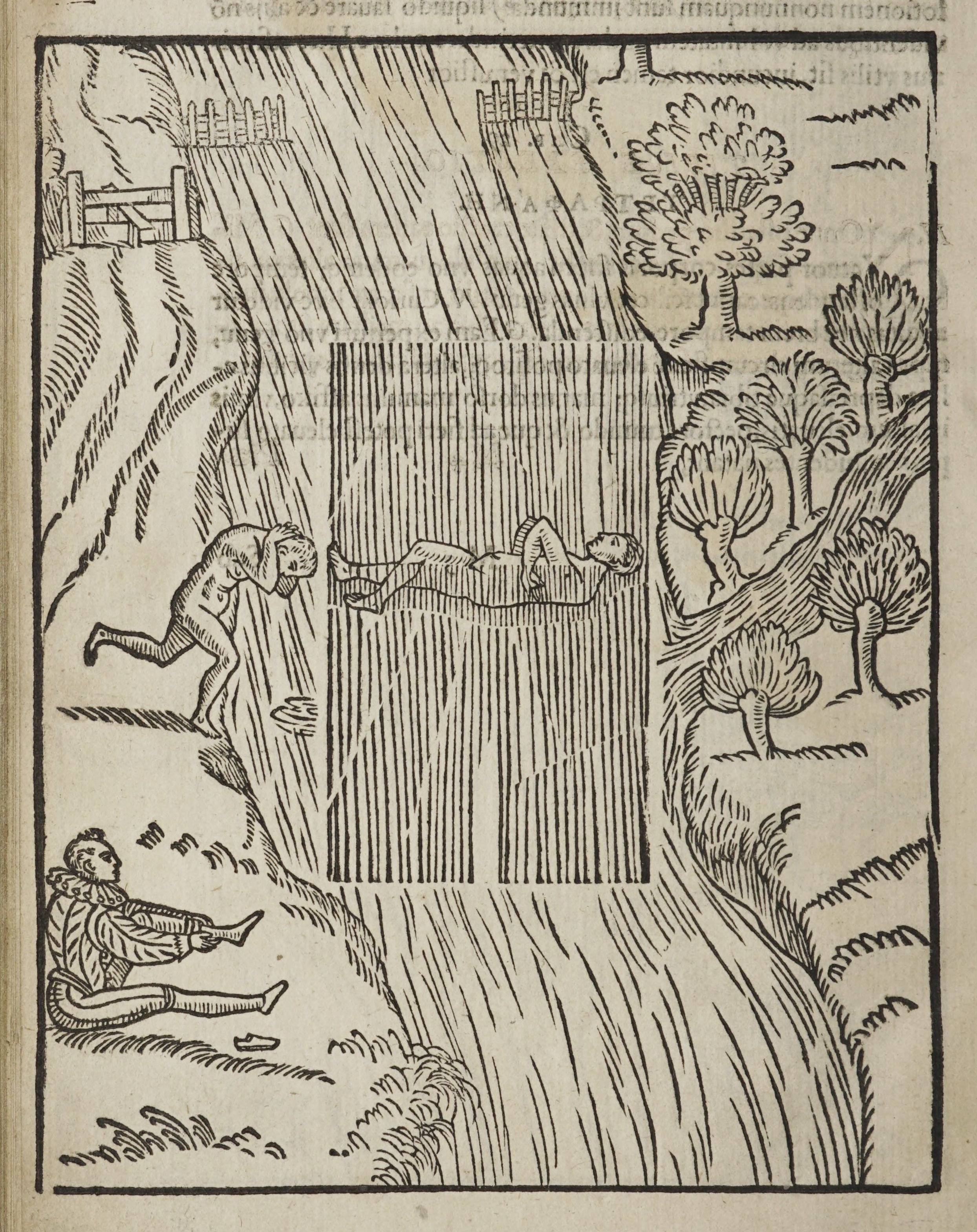 A black and white woodcut illustration depicting a dramatic scene with figures in distress and a landscape.
