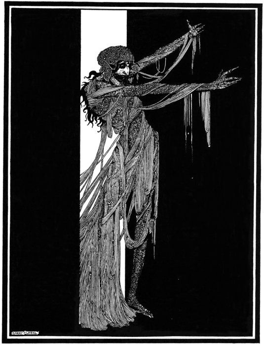 A black and white illustration of a gaunt figure wrapped in flowing drapery, with a tall rectangular shape behind it.
