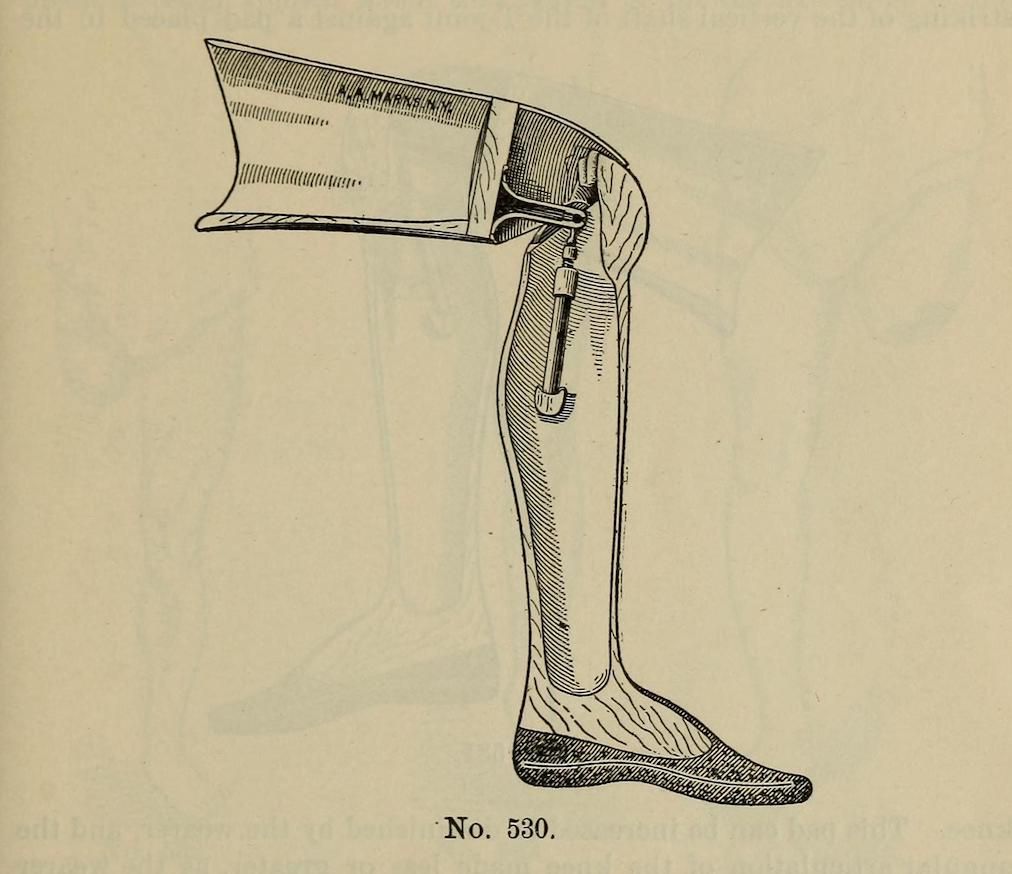 Vintage illustration of a full-leg prosthetic, showing the socket, suspension sleeve, and foot. Number 530 is printed below the image.