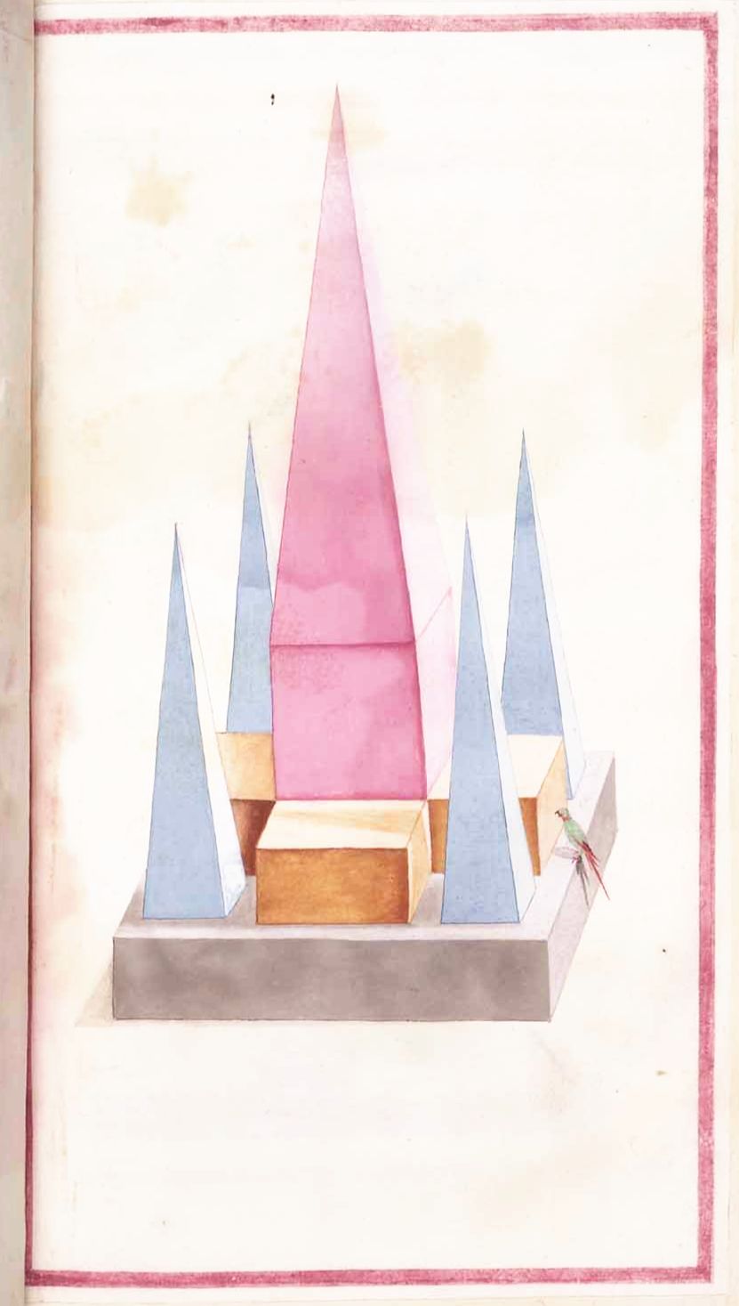 A whimsical watercolor painting of a fantastical city with a tall pink pyramid surrounded by smaller blue triangular structures and a hummingbird in flight.