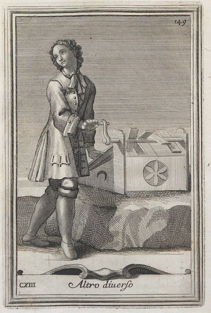 A black and white engraving of a man playing the violin next to a box.