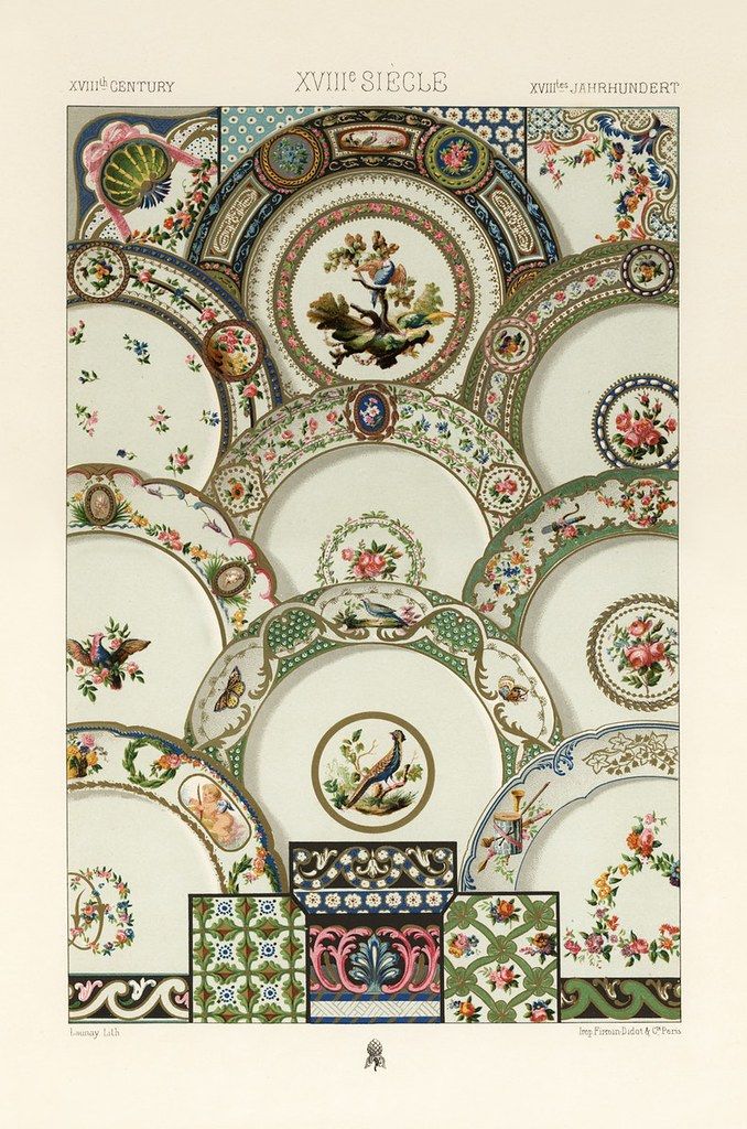 Detailed illustration of an 18th-century ceiling decoration with floral motifs, birds, and intricate scrollwork in shades of gold, blue, pink, green, white, and cream.