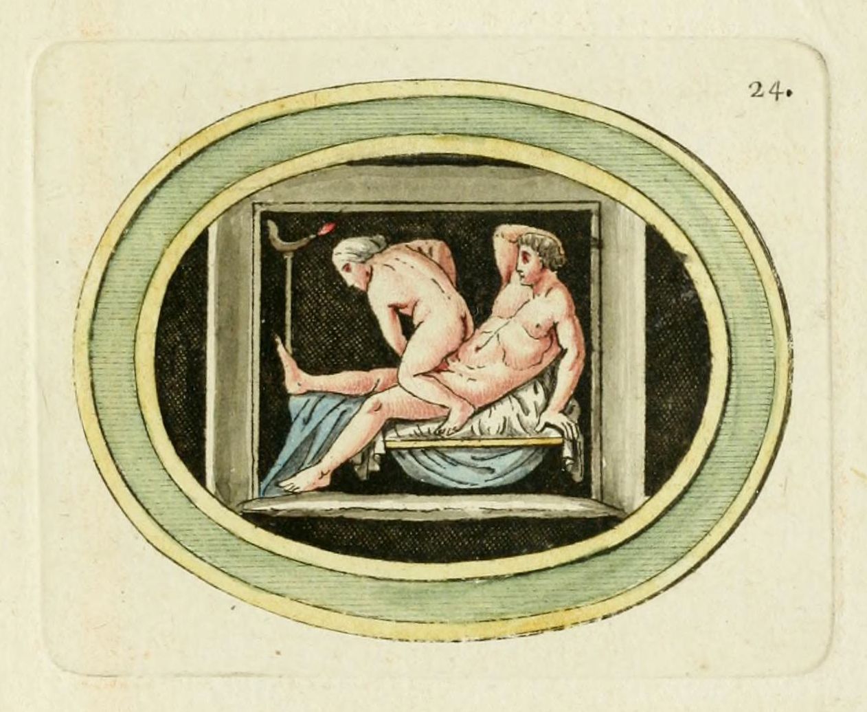 Circular painting of two nude figures reclining on a bed, framed by concentric circles.