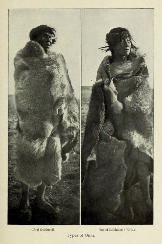 Two black and white portraits of indigenous people, labeled 'Chief Colchicoli' and 'One of Colchicoli's Wives', draped in thick fur garments.
