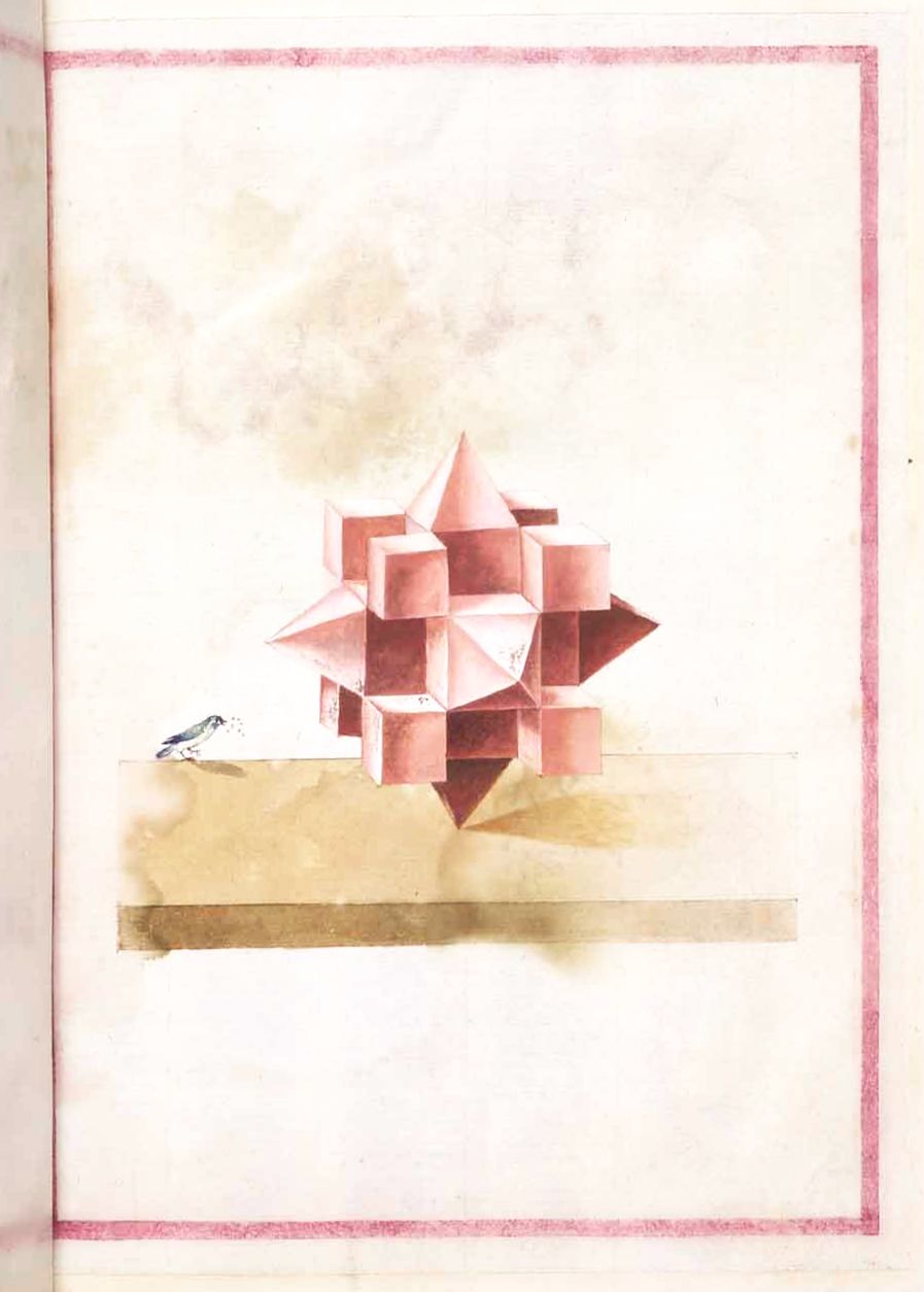Watercolor painting of a complex geometric shape and a bird.