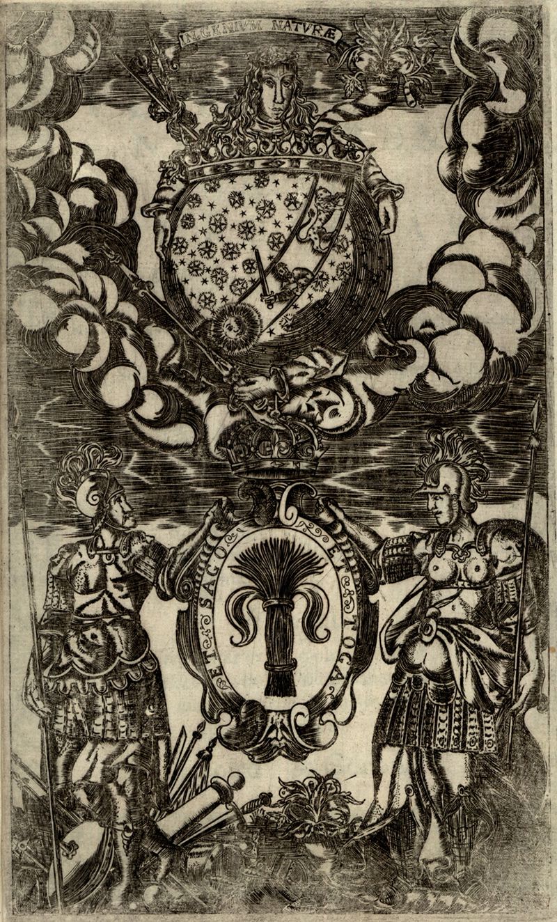 A detailed black and white engraving featuring a shield with celestial imagery, flanked by soldiers and adorned with ornate patterns.