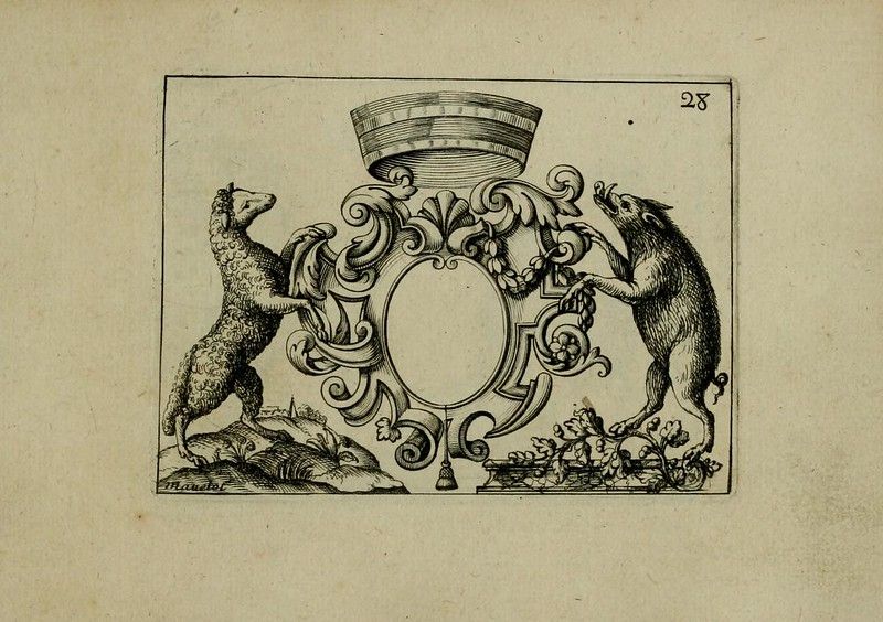 A detailed black and white illustration of a coat of arms featuring a shield, two animals, a crown, and floral designs.