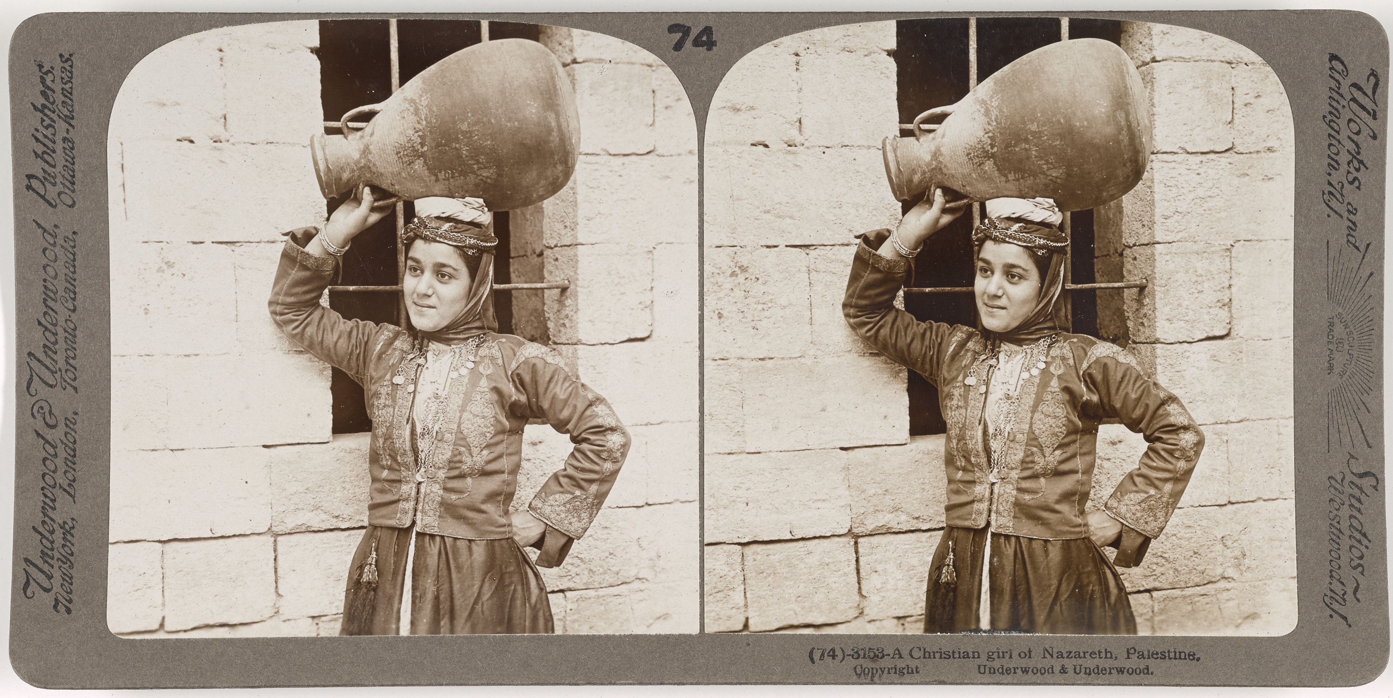 Stereoscope card from 1898 featuring a young Christian girl in Nazareth, Palestine, balancing a large jug on her head.