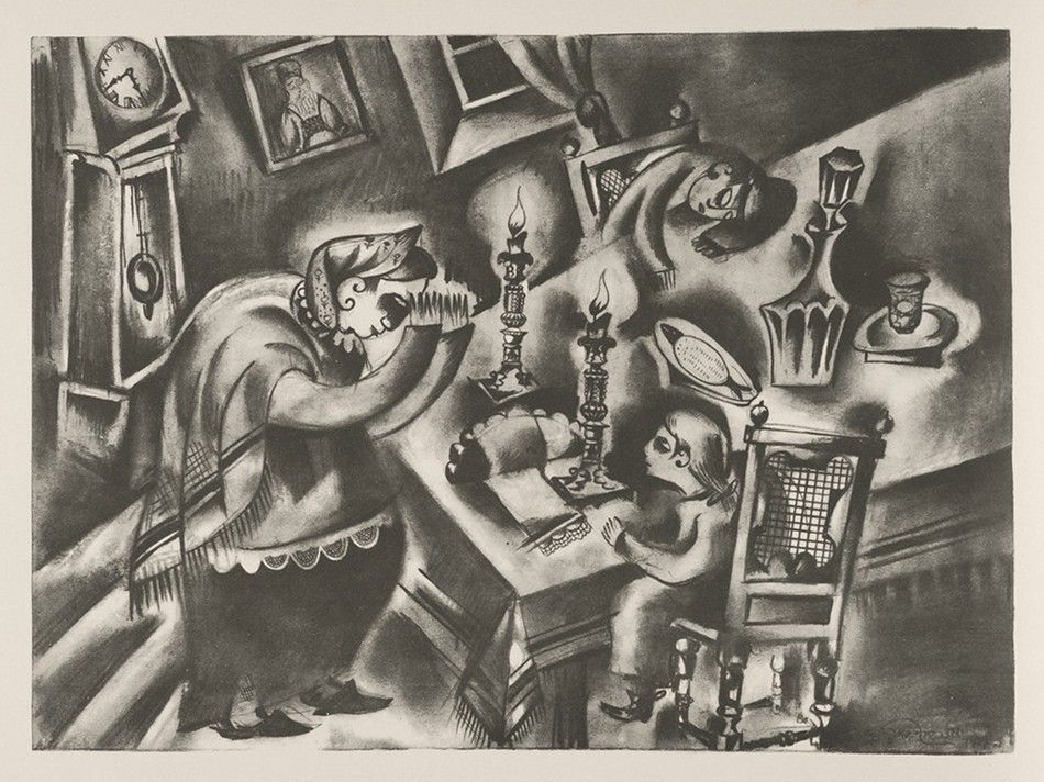 A black and white lithograph depicting a woman and a young girl at a table with a menorah and other dining items. The scene is dimly lit and has a somber atmosphere.