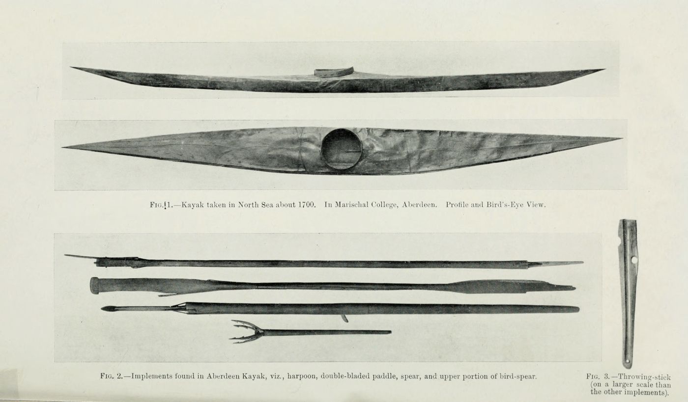 Vintage illustration of a kayak and its implements from around 1700, including a harpoon, double-bladed paddle, spear, bird spear, and throwing stick.
