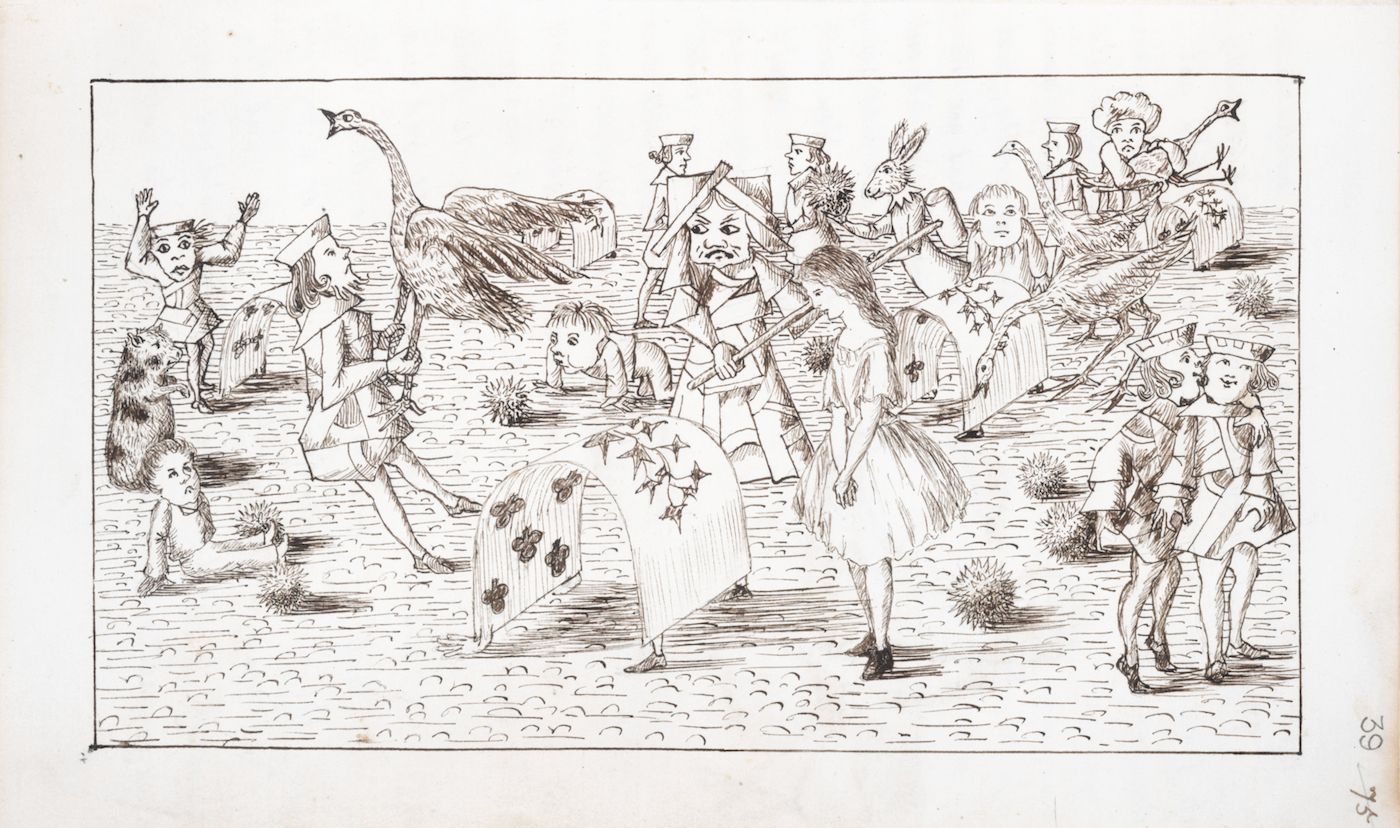 Black and white illustration of a chaotic scene with multiple figures, an ostrich, and spiky plants.