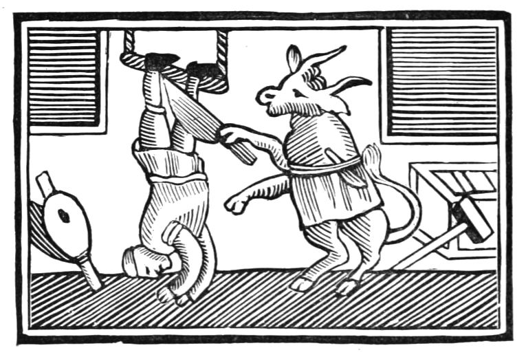 A black and white woodcut illustration of two goats interacting in a room.