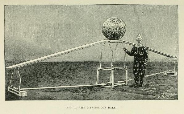 Vintage illustration of a man presenting a large, textured ball suspended by a metal structure.