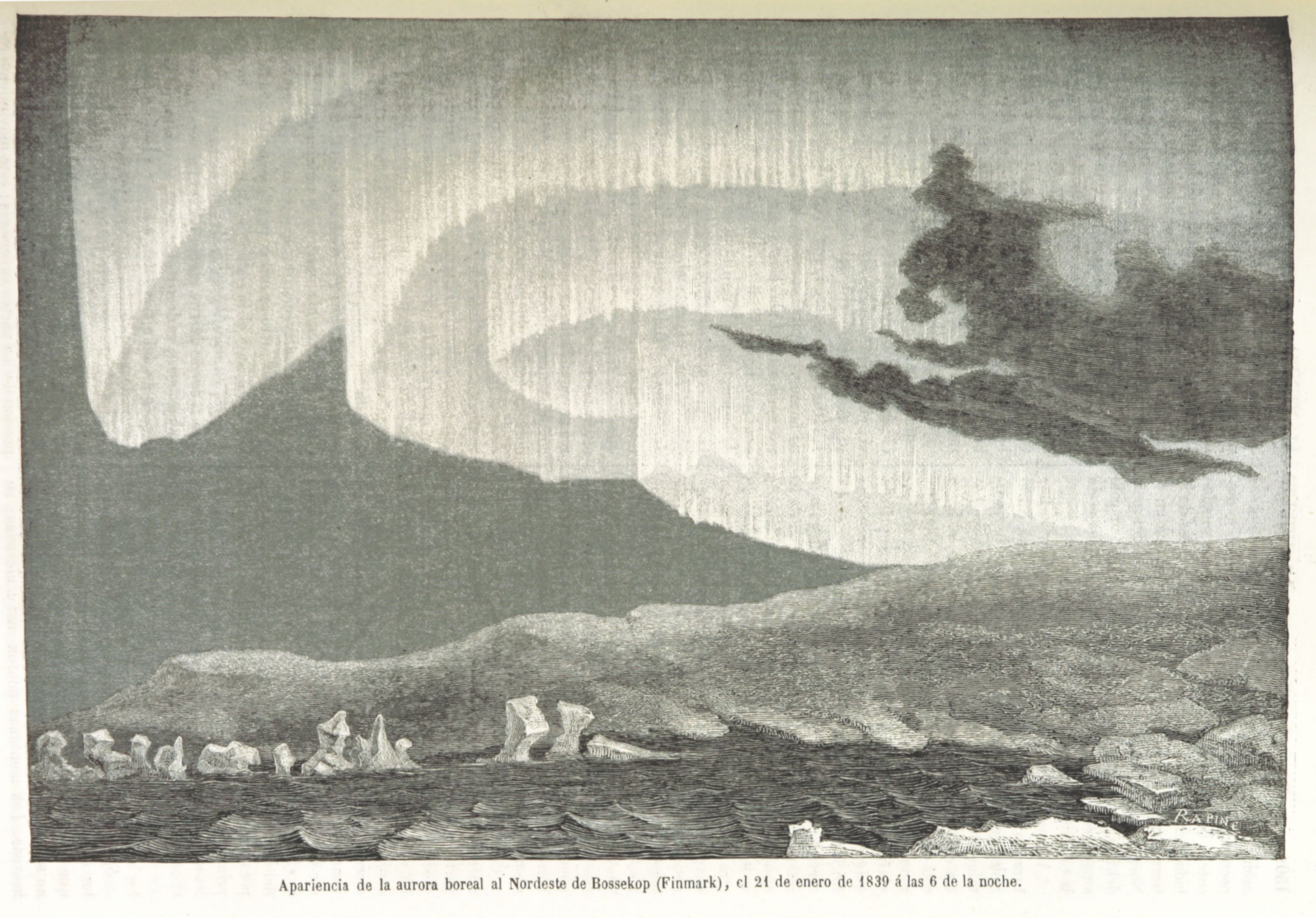 A vintage black and white illustration of a winter landscape under the Northern Lights, with reindeer in the foreground and mountains in the background.