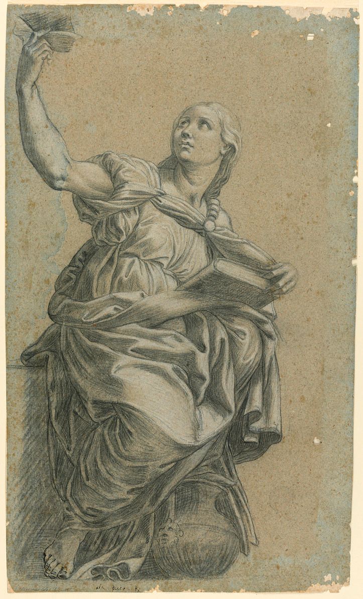 A drawing of a woman seated and looking upwards, draped in flowing garments, holding a small object in her right hand.