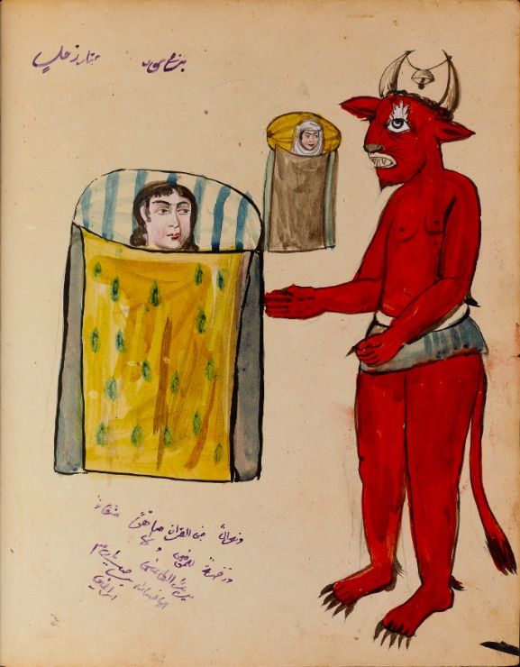 A colorful, folk art-style illustration depicting a person in a bed and a red demon offering something. There is also a smaller figure in the background.