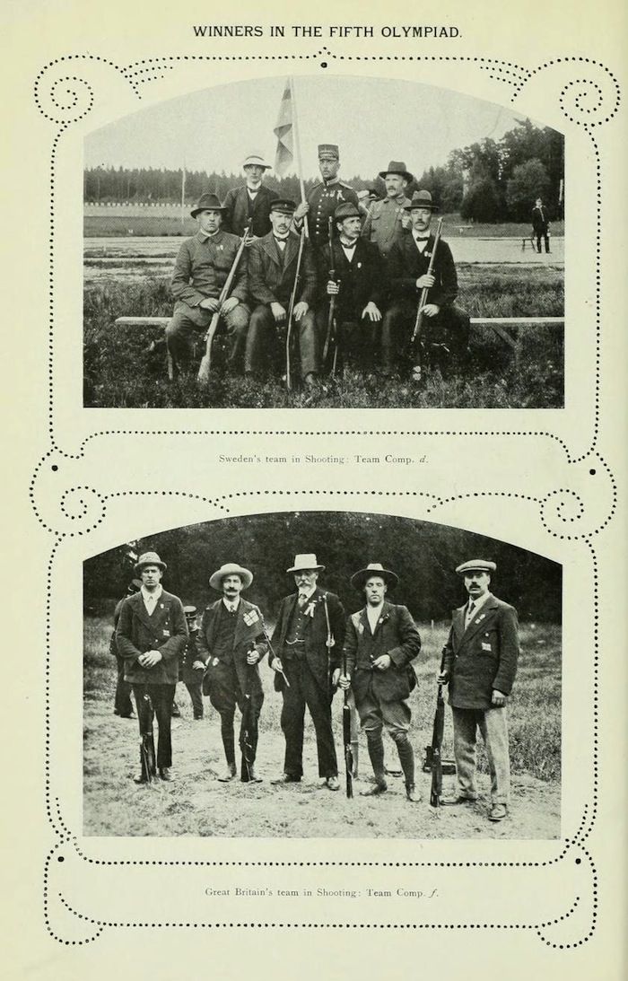 Vintage black and white photographs of the Swedish and British shooting teams from the Fifth Olympiad, each holding rifles and dressed in formal attire.