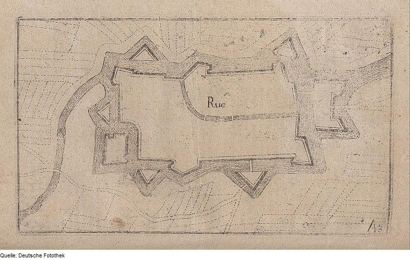 Vintage sketch of a star-shaped castle with the word 'Rue' written in the center.