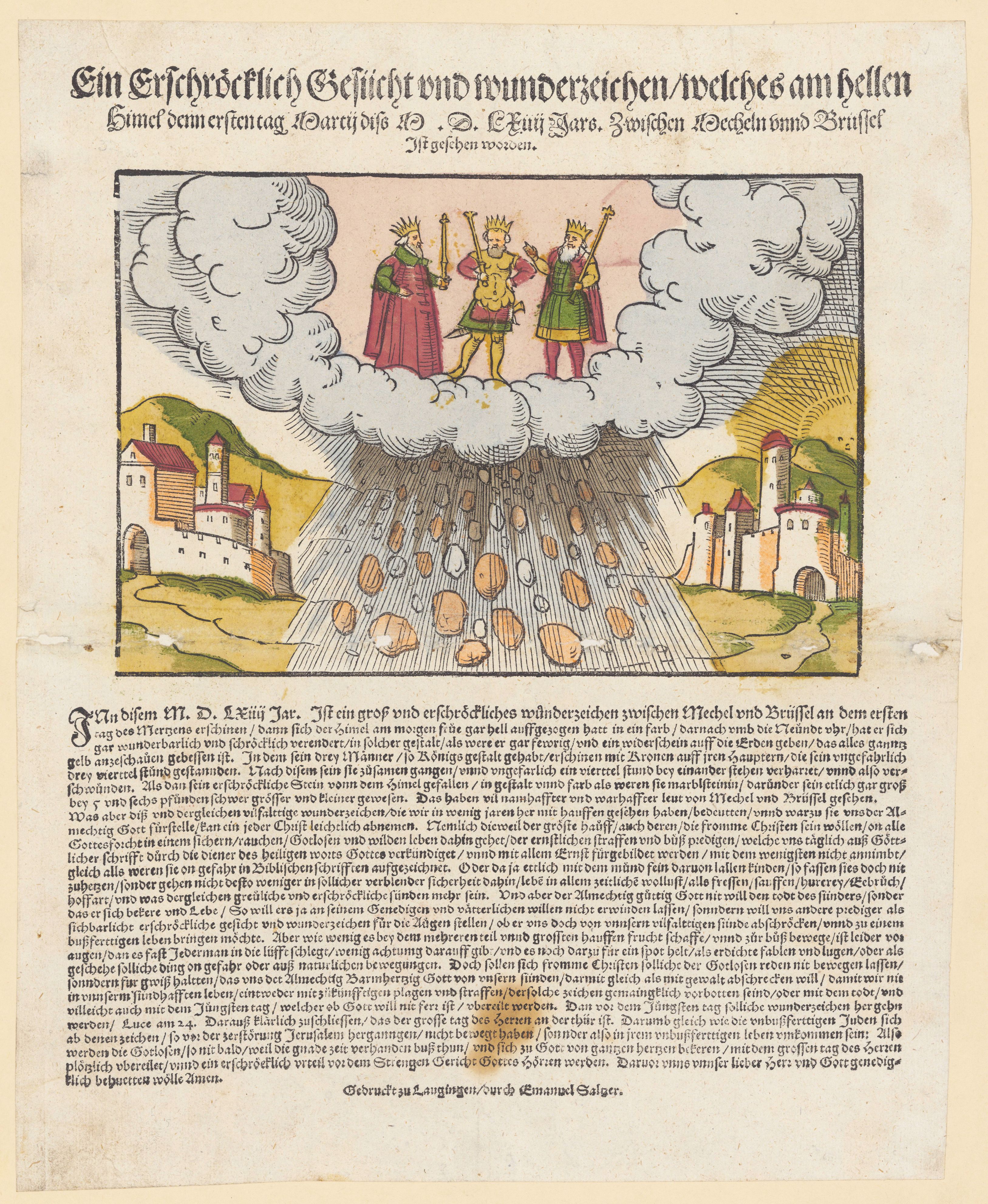 A detailed black and white engraving from the 17th century, depicting a dramatic religious scene in the sky above a city.